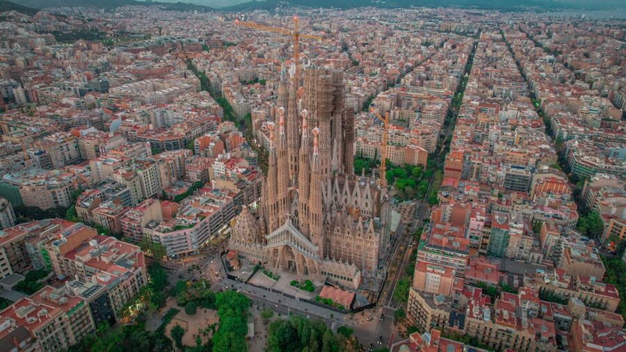Aerial view of Barcelona showing Sagrada Familia and Eixample district