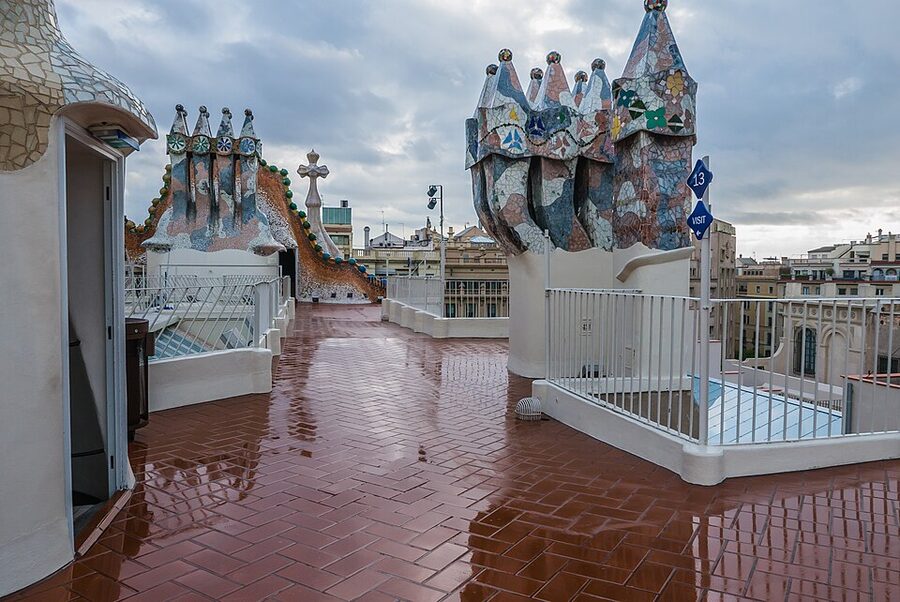 Casa Batllo rooftop chimneys group with mosaic tiles