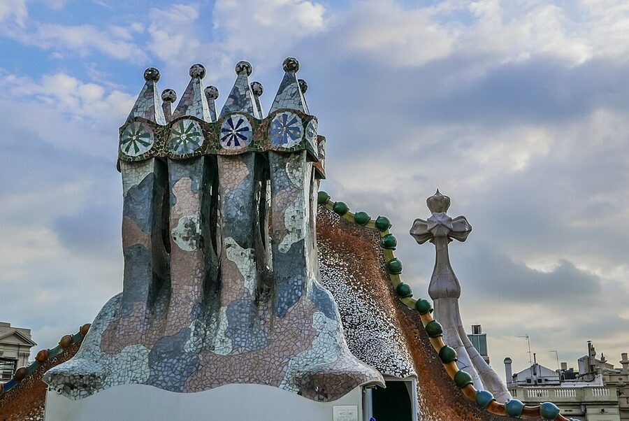 Casa Batllo rooftop chimneys with dragon back tiles