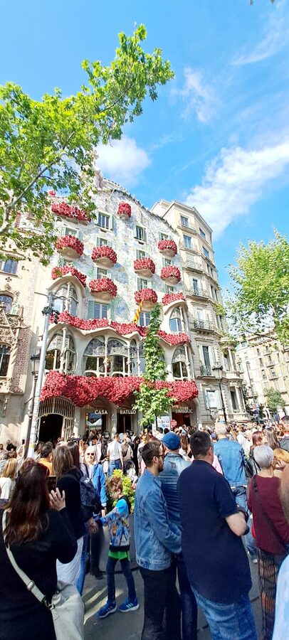 Casa Batllo facade covered in roses for Sant Jordi