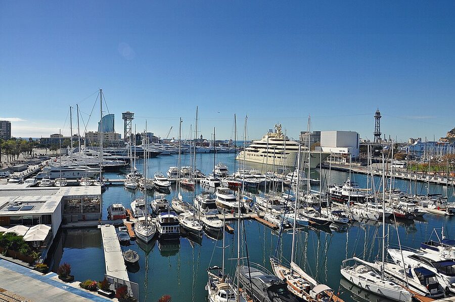 Aerial view of Port Vell Barcelona marina