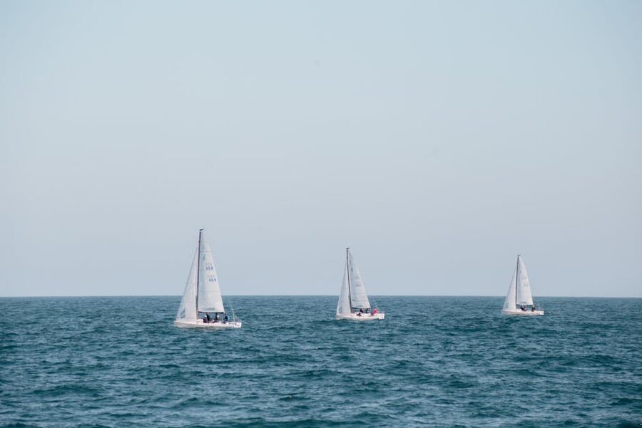 Three sailboats on the Mediterranean off Barcelona