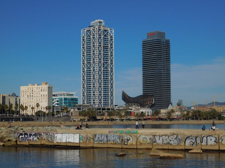 Barcelona skyline with W Hotel and Barceloneta Beach
