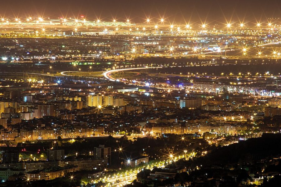 Barcelona at night with illuminated lights and evening atmosphere