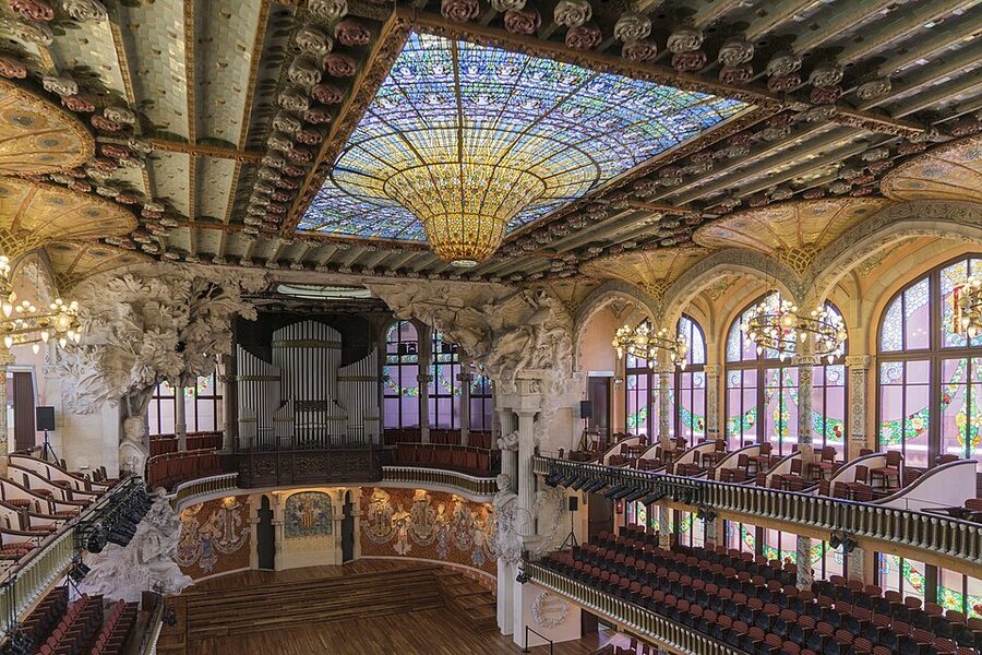 Palau de la Musica Catalana interior with stained glass and mosaics