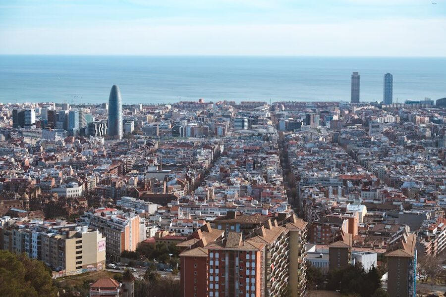Barcelona aerial cityscape and Mediterranean coastline