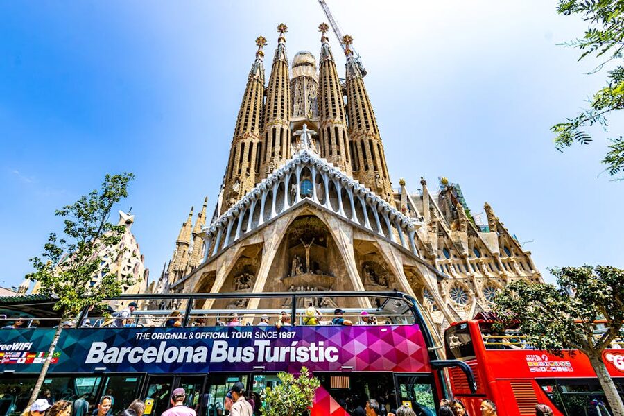 Sagrada Familia exterior in Barcelona viewed from the street
