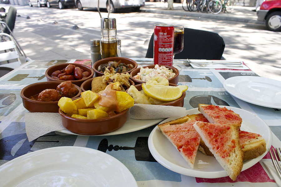 Tapas spread served in El Raval Barcelona neighbourhood