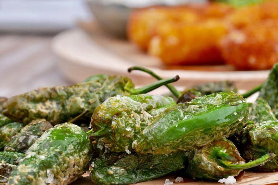 Roasted padron peppers with sea salt as a Spanish tapa