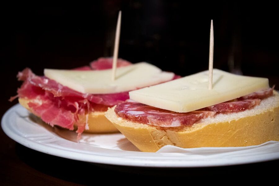 Spanish tapas with salami and cheese on a plate