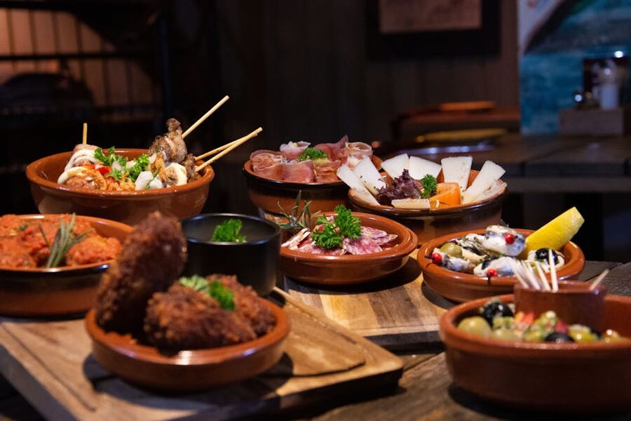 Tapas spread of small dishes in a Barcelona restaurant