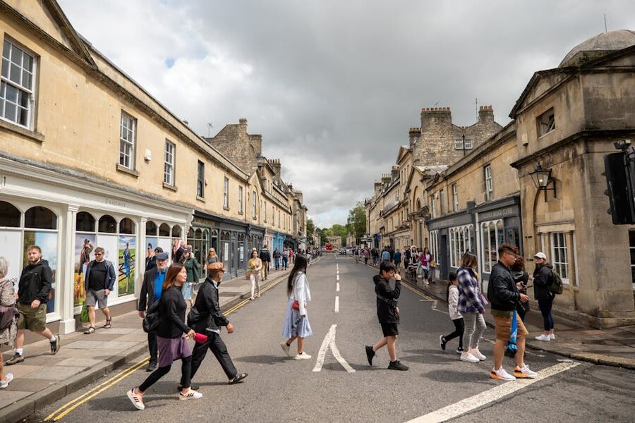 Georgian street view in Bath with people walking