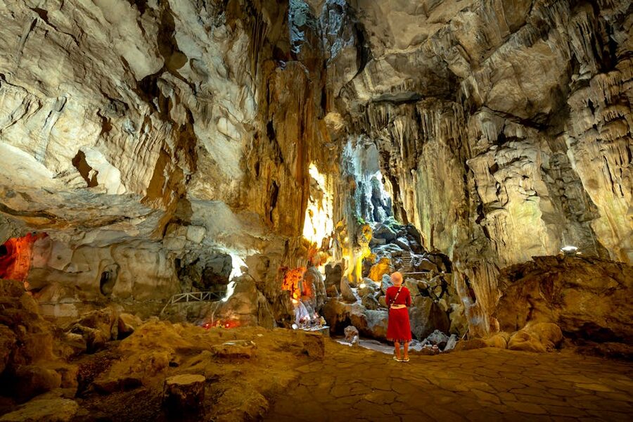 View of geological formations inside the Batu Caves cavern