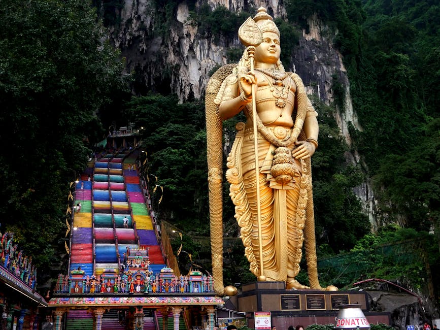 The 272 painted rainbow steps leading up to the main cave temple at Batu Caves