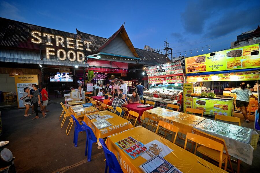 Night market with colorful street food stalls in Patong Phuket