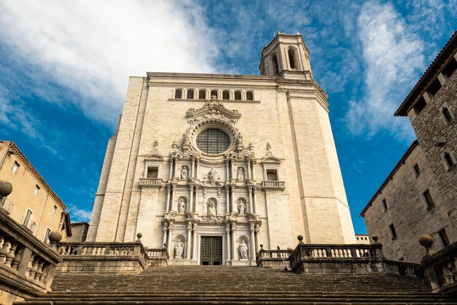 Girona Cathedral facade against blue sky