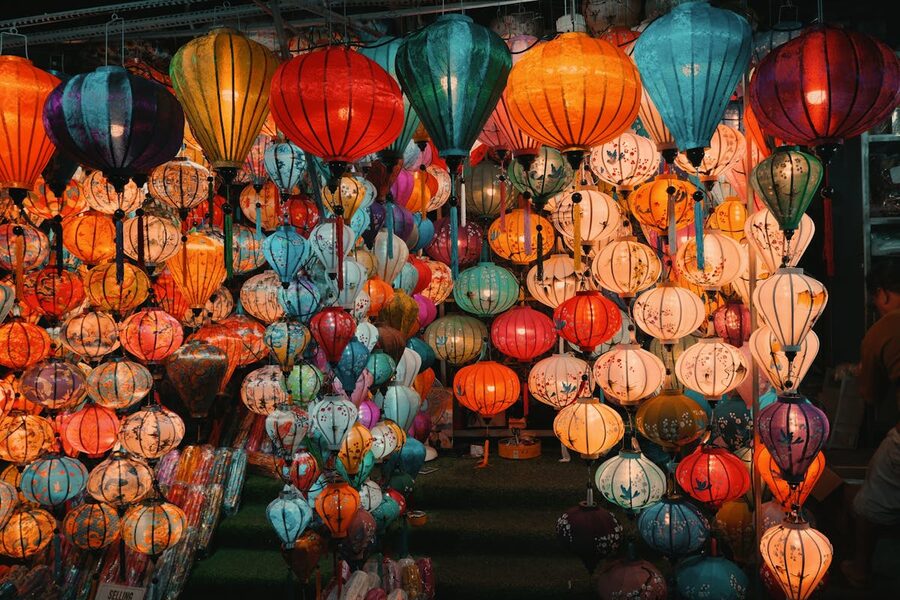 Traditional colorful lanterns on display in Hoi An Vietnam