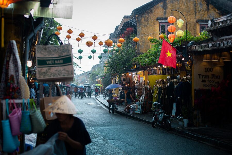 Colorful lantern-adorned streets of Hoi An old town Vietnam at night