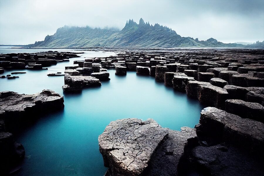 The Giants Causeway UNESCO World Heritage coastline with green clifftop