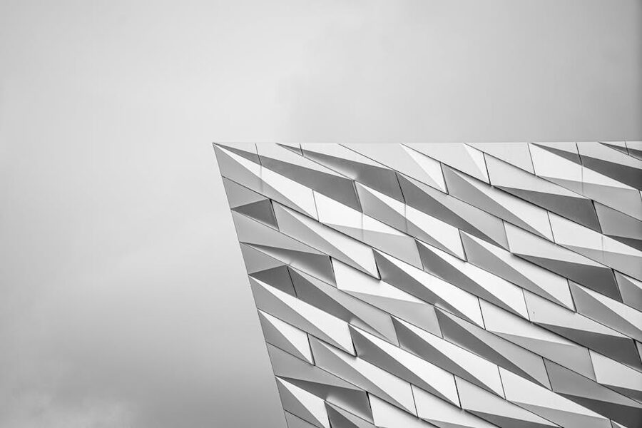 Close-up of Titanic Belfast hull-shaped aluminium panel facade