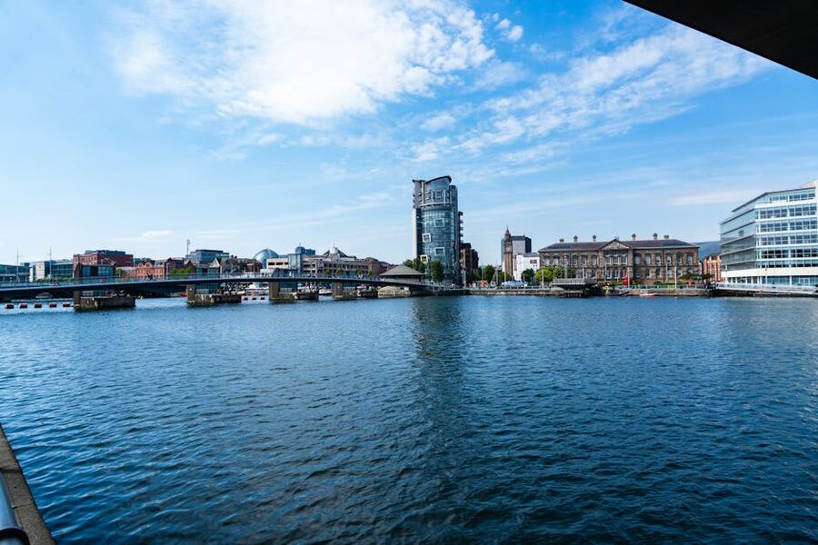 Lagan river view of Belfast skyline approaching from the south