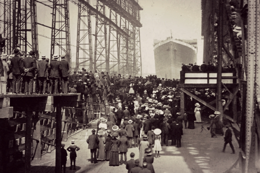 Titanic launching at Belfast May 31 1911 with crowds along the slipway