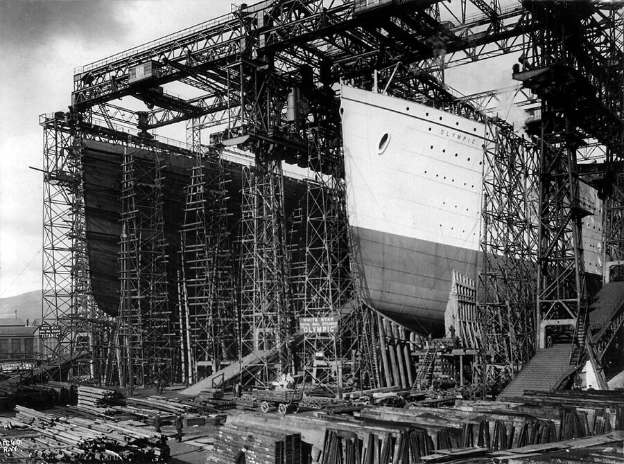 RMS Titanic and Olympic under construction at Harland and Wolff Belfast circa 1910