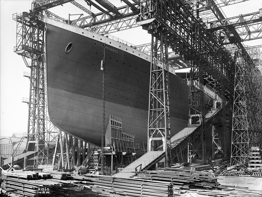 RMS Titanic ready for launch at Belfast slipway 1911 photographed by Robert Welch