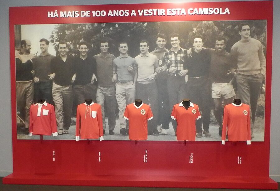 Evolution of Benfica club shirts in museum display