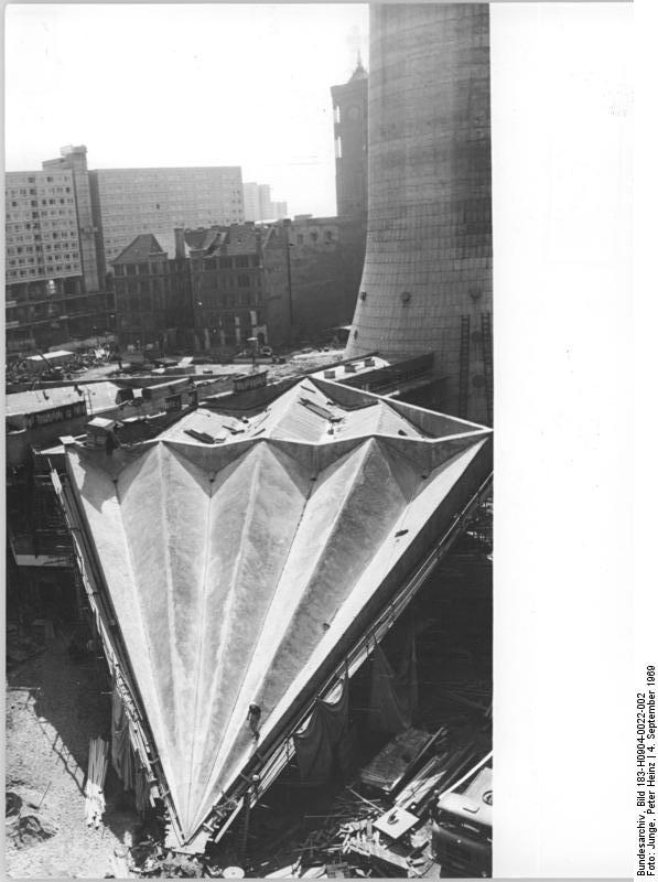 Berlin Fernsehturm near completion in 1969