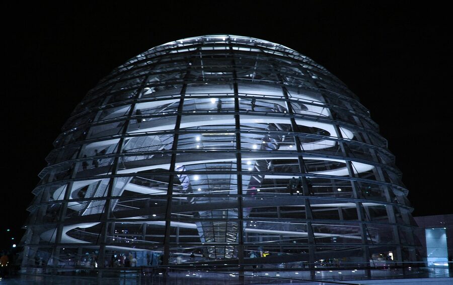 Berlin government quarter with the Reichstag glass dome and Spree river