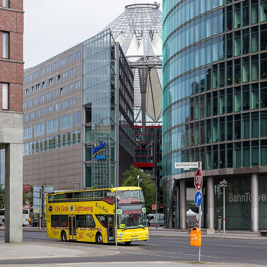 Sightseeing bus passing Potsdamer Platz in Berlin