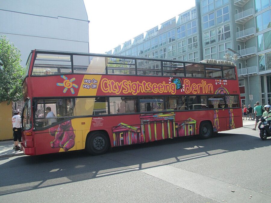 Berlin sightseeing double decker bus parked at a stop