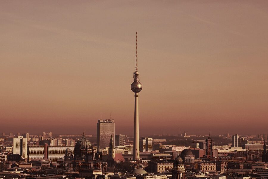 Berlin skyline showing TV Tower Cathedral and Potsdamer Platz from above
