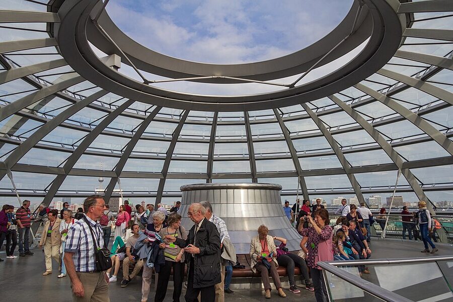 Inside the Reichstag dome looking up at the spiral ramp and mirror cone