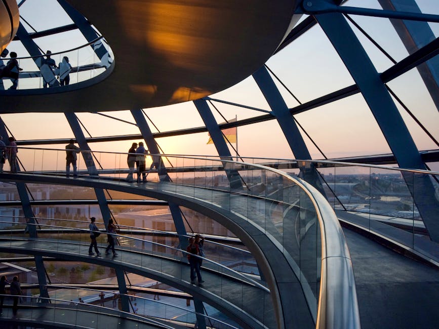 Reichstag dome interior at sunset showing mirror cone