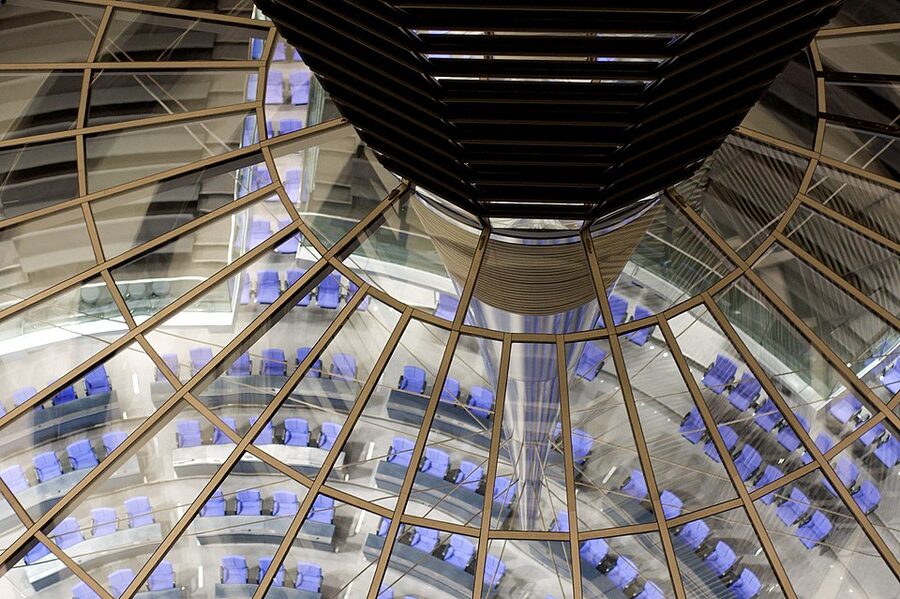 View down into the Bundestag plenary chamber from the Reichstag dome