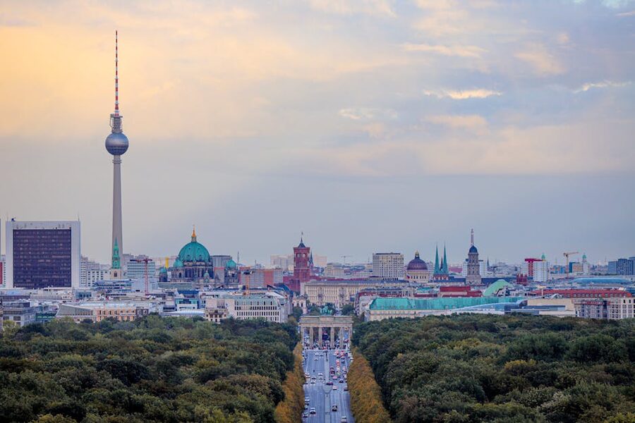 Berlin skyline with the Fernsehturm and Brandenburg Gate visible
