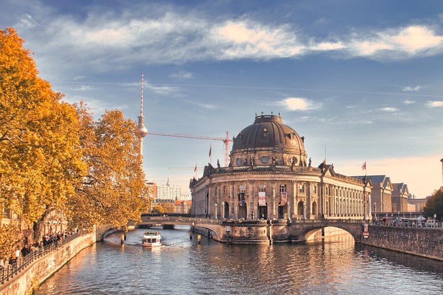 Bode Museum and Berlin TV Tower from the Spree in autumn