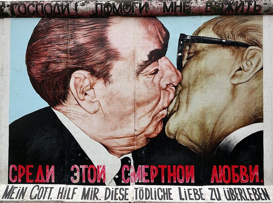 Fraternal Kiss mural by Dmitri Vrubel on the East Side Gallery