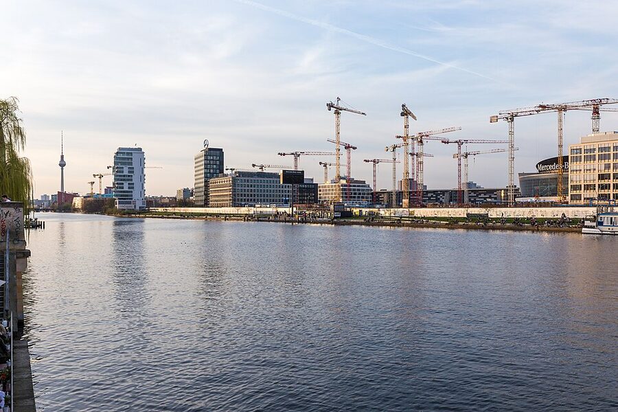 East Side Gallery from the Spree, water-level view