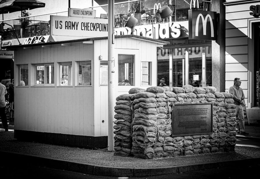 Checkpoint Charlie Berlin black and white historic landmark view
