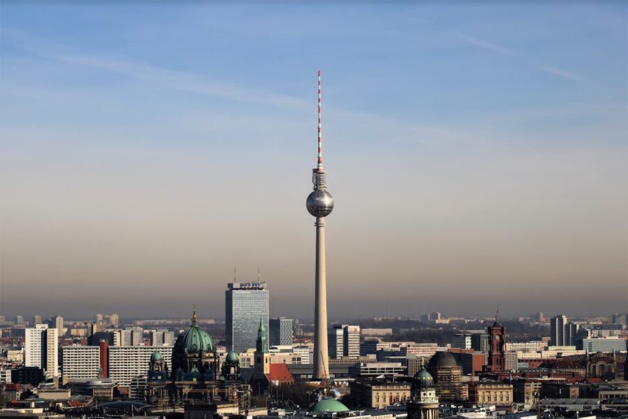 Berlin urban skyline with the iconic Fernsehturm tower