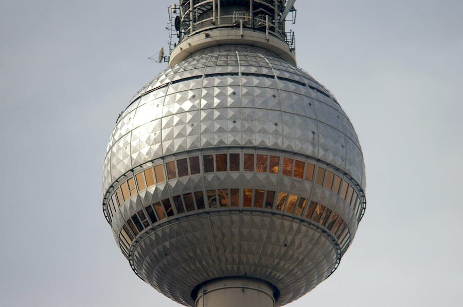 Close-up of the Berlin TV Tower steel sphere with sunlight