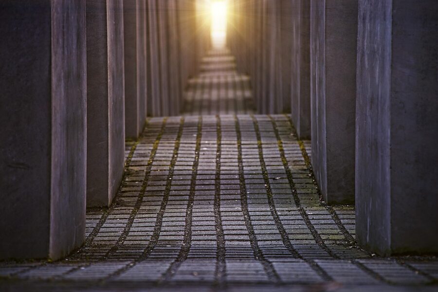 Holocaust Memorial path between concrete blocks Berlin