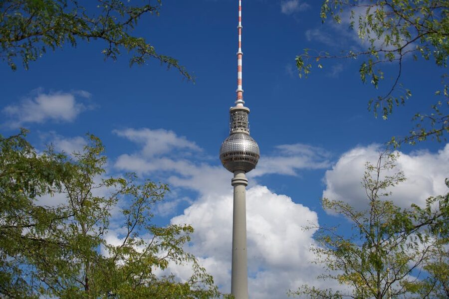Berlin Fernsehturm TV Tower against a clear blue sky