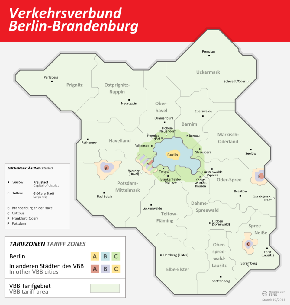 VBB transport zone map showing Berlin's AB inner ring and the C ring covering Potsdam and BER airport