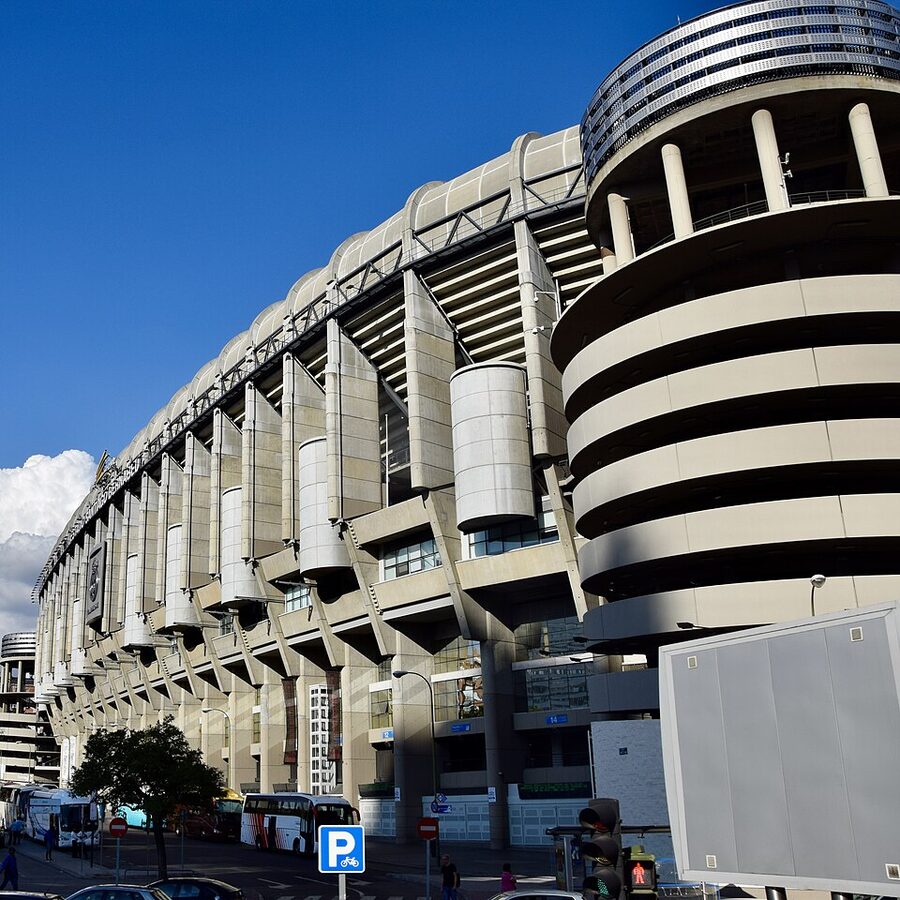 Renovated Bernabéu curved facade with metallic skin