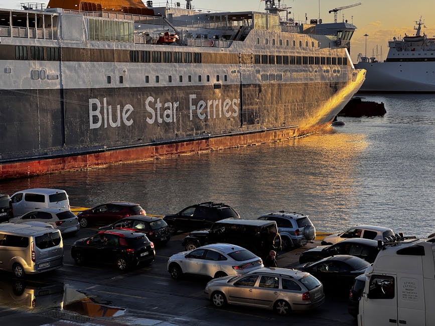 Blue Star Ferry at Piraeus port Athens at sunset