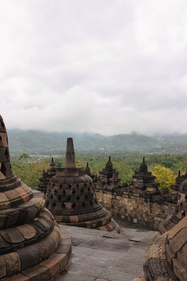 Misty Borobudur morning from upper terrace